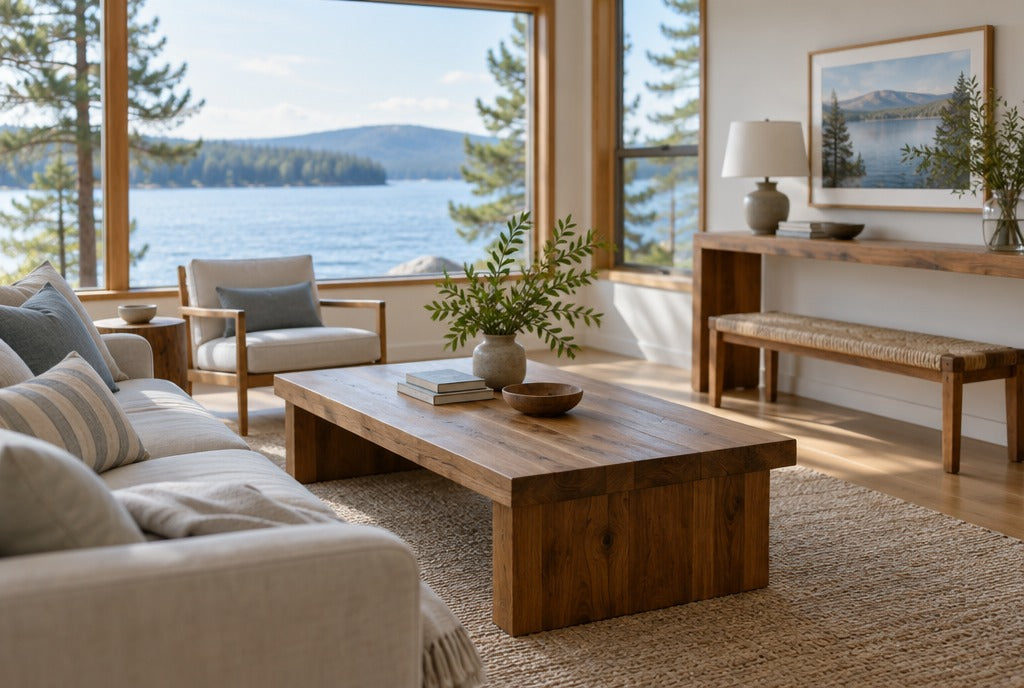 A bright lake house living room with a solid wood coffee table, console and bench, windows open to a lake and pine trees