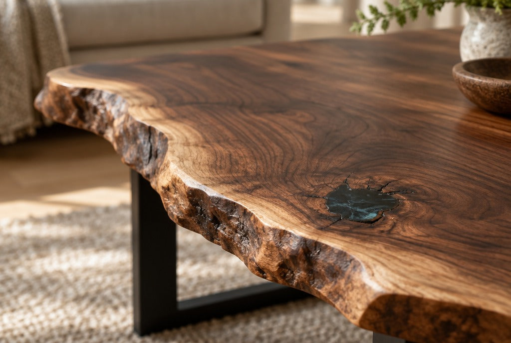 Close-up of the natural live edge of a walnut slab coffee table with visible grain and a small stabilized knot, warm light