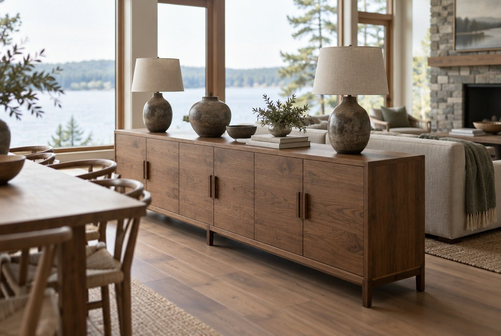 A long solid wood sideboard dividing a dining area from a living area in an open-plan lake house, lamps and pottery on top