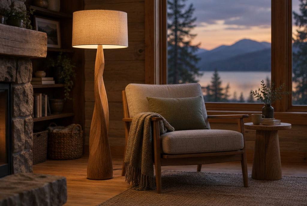 A sculpted solid wood floor lamp glowing beside a reading chair in a cozy cabin living room at dusk