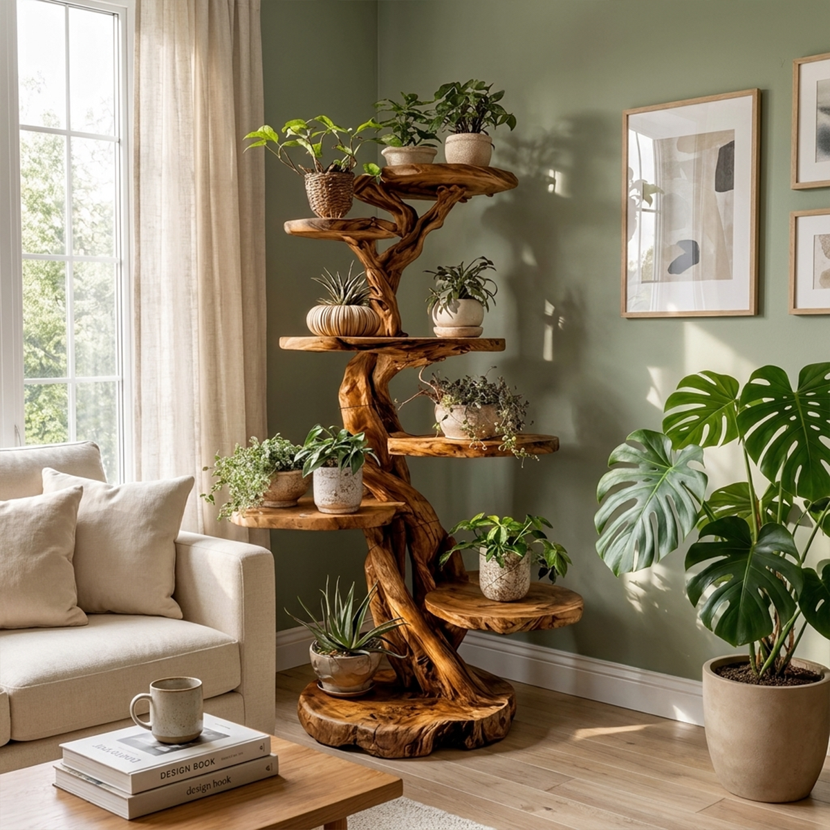Rustic Tree Plant Shelf Natural Interior Design Home Decor