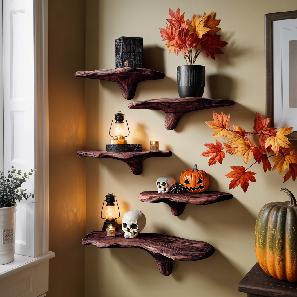 Mid Century Live Edge Mushroom Shelf Halloween Bedroom Styling