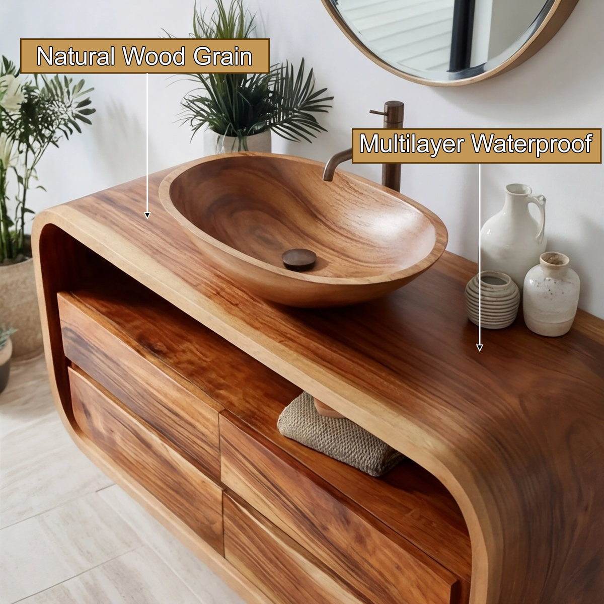 Elyron Sculpted Solid Wood Floating Bathroom Vanity With Drawers