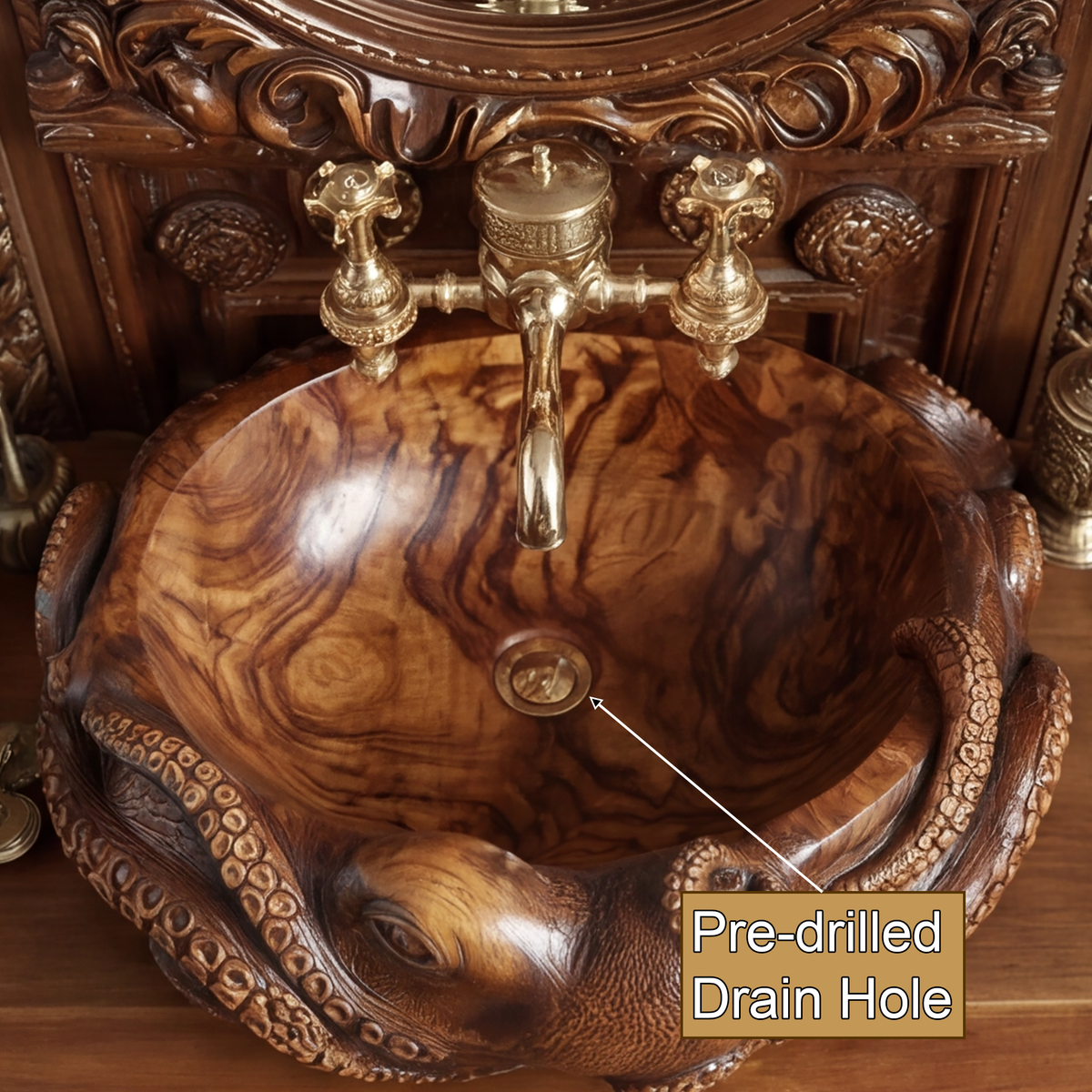 Nautivar Octopus Form Handcarved Solid Wood Sculpted Vessel Sink