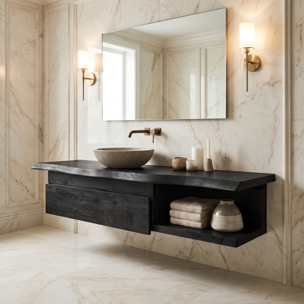 Aurelion Live Edge Solid Wood Floating Bathroom Vanity With Drawers SPA943999