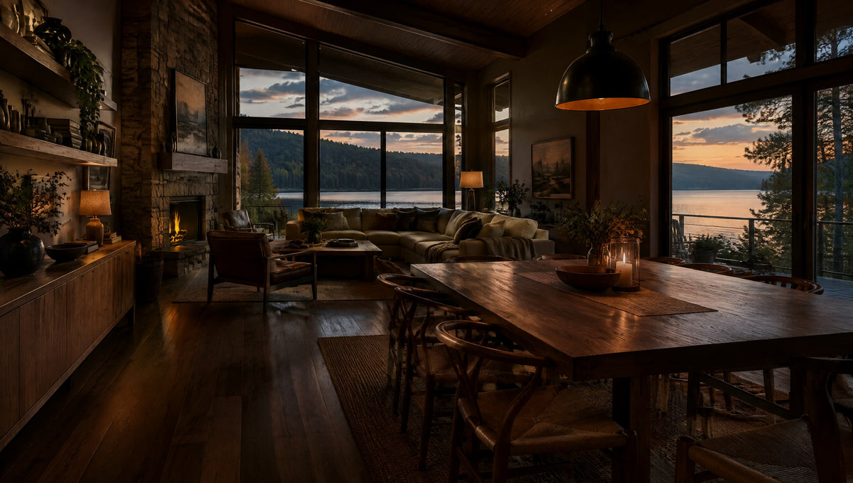 A lake house living and dining space with a solid wood table, console and shelves