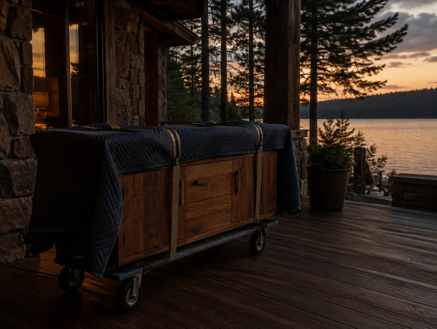 A blanket-wrapped solid wood console on a lake house porch